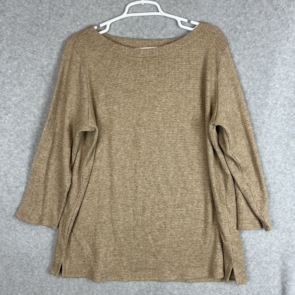 J. Jill Wearever Tunic Top Sz Large Tall Waffle Knit Tan 3/4 Sleeve Boxy